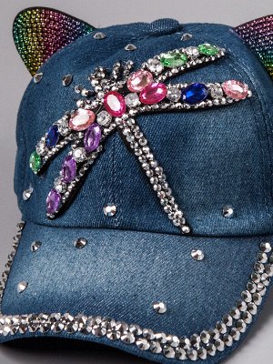 Кепка джинсовая с цветными ушками, стрекоза из камней, синий 47см - 50см (1,5-3 лет)