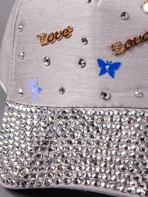 Кепка для девочки, переливающиеся камни на козырьке, love, бабочки, серый 50см - 53см (3-6 лет)