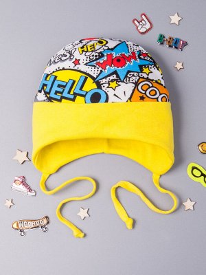 Шапка трикотажная для мальчика на завязках с отворотом, граффити, желтый