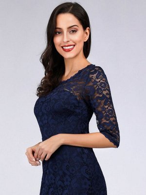 Синее коктейльное кружевное платье с рукавами