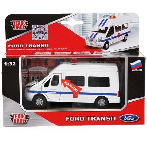 SB-13-02-2 МАШИНА "ТЕХНОПАРК" МЕТАЛЛ. ИНЕРЦ. FORD TRANSIT ПОЛИЦИЯ, СВЕТ+ЗВУК В РУСС. КОР. в кор.2*24шт