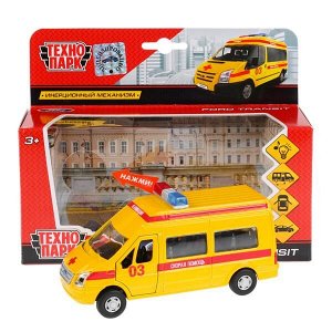 SB-13-02-A-WB Машина металл FORD Transit реанимация 13см, свет+звук, инерц. в кор. Технопарк в кор.2*24шт