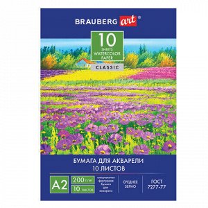 Папка для акварели БОЛЬШОГО ФОРМАТА А2, 10 л., 200 г/м2, 400х590 мм, BRAUBERG ART CLASSIC, "Луг", 111062