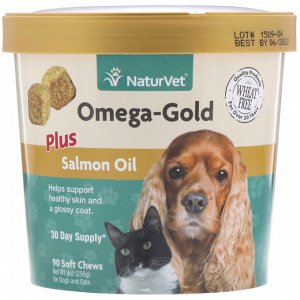 NaturVet, Omega-Gold с жиром лосося, добавка для собак и котов, 90 мягких жевательных таблеток