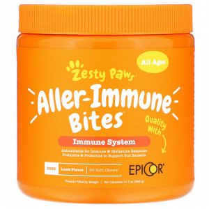 Zesty Paws, Allergy Immune Bites — пищеварительное и иммунное здоровье собак всех возрастов, со вкусом баранины, 90 жевательных снеков