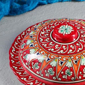 Блинница Риштанская Керамика "Цветы", 24 см, красный