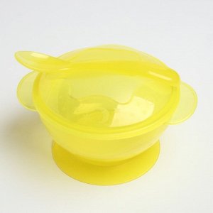 Набор детской посуды, 3 предмета: миска на присоске 330 мл, крышка, ложка, от 5 мес., цветаМИКС