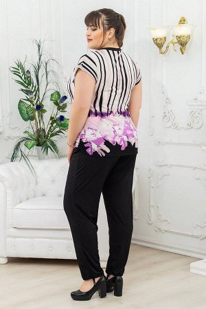 Костюм туника+брюки полосы-цветы сиреневый