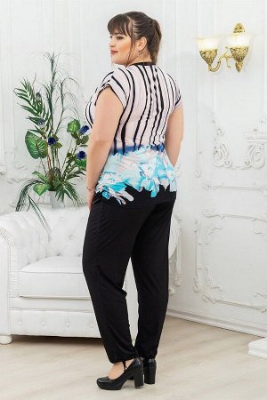 Костюм туника+брюки полосы-цветы голубой