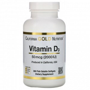 California Gold Nutrition, Витамин D3, 50 мкг (2000 МЕ), 360 желатиновых капсул из рыбы