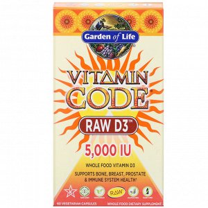 Garden of Life, витаминный код, RAW D3, 5000 МЕ, 60 вегетарианских капсул