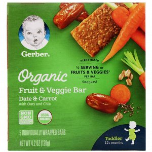Gerber, Органические фруктовые батончики, 12+ месяцев, финик и морковь, 5 батончиков в индивидуальной упаковке
