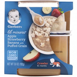 Gerber, Lil Mixers, 8+ месяцев, яблочно-клубничный банан с воздушным зерном, 3,6 унции (102 г)