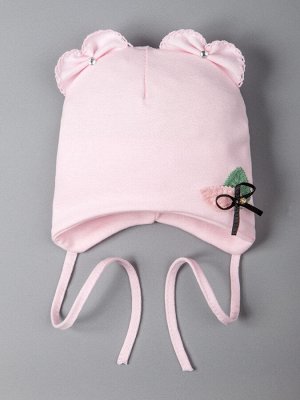 Шапка трикотажная для девочки с ушками на завязках, лепестки, светло-розовый