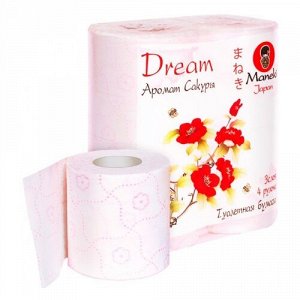 Бумага туалетная "Maneki" Dream 3 слоя, 167 л., 23 м, с роз. тиснением и ароматом Сакуры, 4 р/упак
