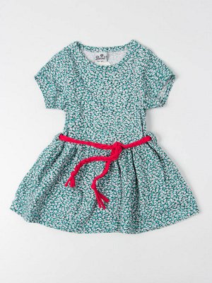 Платье трикотажное с коротким рукавом для девочки с поясом, мелкие цветочки, зеленый