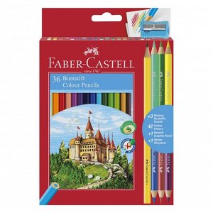 Карандаши 36 цветов Faber-Castell «Замок» шестигранный корпус + 3 двухцветных карандаша + чернографитный карандаш + точилка