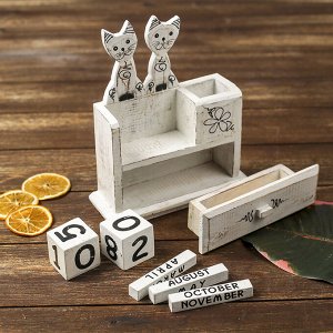 Вечный календарь настольный «Пара кошек», 18x6x22 см, дерево