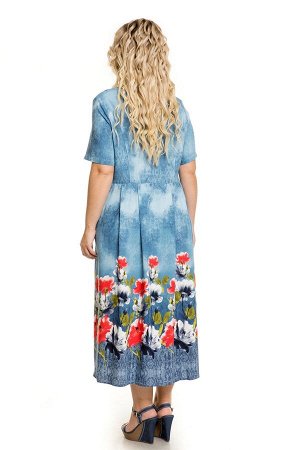 Платье 1022 цветы на голубом