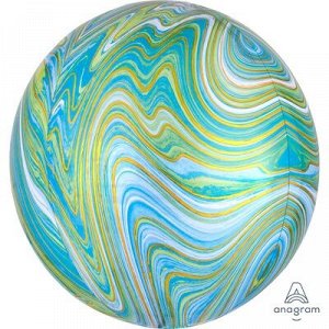 1209-0325 Шар 3D сфера, фольга,  15"/38 см,  мрамор зеленый, синий (AN), инд уп.