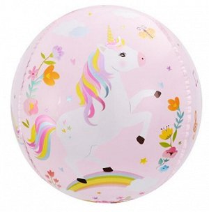 550021, А497 Шар 3D сфера, фольга, 24"/61 см,  ДР "Волшебные Единороги", розовый (Falali)