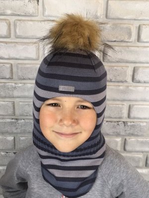 Арт.745 Шлем зимний для мальчиков и девочек с искусственным помпоном