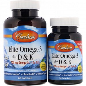 Carlson Labs, Elite Omega-3 Plus D &amp -  K, с натуральным вкусом лимона, 60 + 30 бонусных мягких капсул