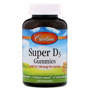 Carlson Labs, Super D3 Gummies, Natural Fruit Flavors, 100 mcg (4,000 IU), 120 Gummies