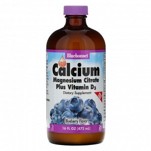 Bluebonnet Nutrition, Цитрат кальция и магния, с витамином D3, в жидкой форме, вкус натуральной черники, 472 мл (16 жидких унций