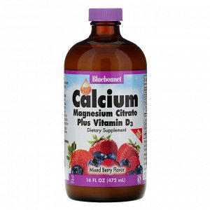 Bluebonnet Nutrition, Жидкий кальций и цитрат магния плюс витамин D3, вкус натурального ягодного ассорти, 16 жидк. унц. (472 мл)