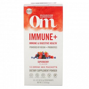 Om Mushrooms, Immune+, Immune &amp; Digestive Health, Superberry, 10 Packets, 0.21 oz (6.1 g) Each