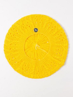 Берет вязаный для девочки, круглая нашивка R, желтый 44см - 47см (9-18 мес)