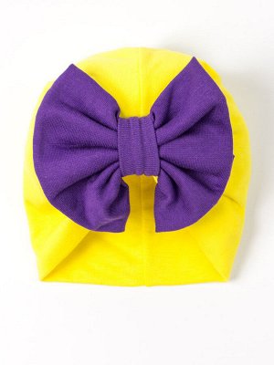 Чалма трикотажная для девочки с фиолетовым бантом, желтый