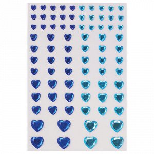 Стразы самоклеящиеся "Сердце", 6-15 мм, 80 шт., синие/голубые, на подложке, ОСТРОВ СОКРОВИЩ, 661400