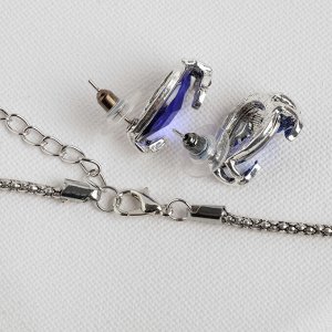 Гарнитур 2 предмета: серьги, кулон "Жаклин" листок, цвет синий в чернёном серебре, 45см