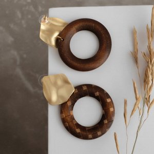 Серьги ассорти "Ваканда" деревянные, узор, круг и мятый диск, цвет бежево-коричневый в золот