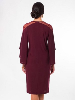 Платье-футляр ягодного цвета с расклешенными рукавами и отделкой из сетки