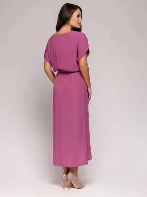 Платье ягодного цвета длины миди с запахом на юбке и поясом