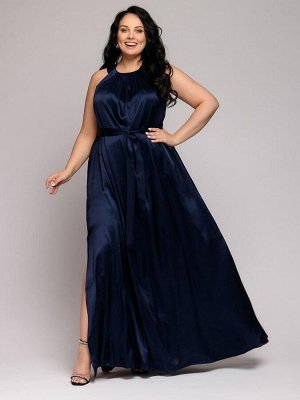 Платье темно-синее длины макси с защипами на горловине и боковым разрезом