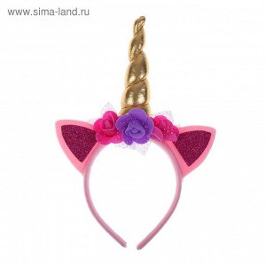 Ободок Единорог с розовыми цветочками цвет сиреневый