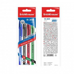 Набор ручек гелевых 4 штуки, ErichKrause R-301 ORIGINAL Gel, узел 0.5 мм, чернила микс, длина линии письма 600 метров, европодвес