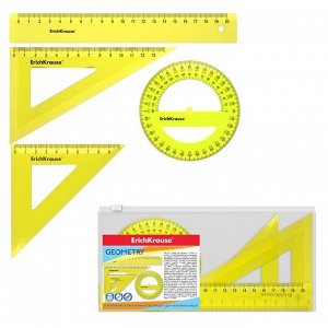 Набор геометрический средний ErichKrause "Neon" (угольник - 2 штуки, линейка - 20 см, транспортир), жёлтый