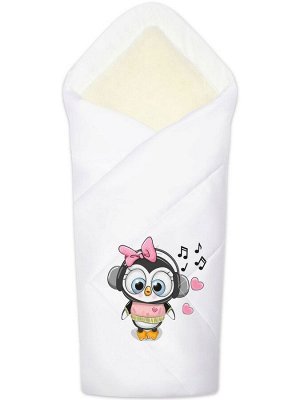 Зимний конверт-одеяло на выписку "Пингвиночка" (белое, принт без кружева)