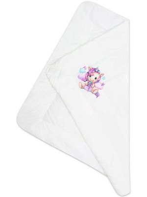 Зимний конверт-одеяло на выписку "Единорожка" (белое, принт без кружева)