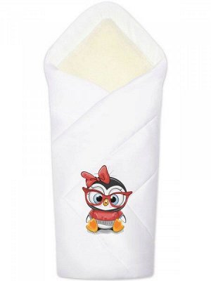 Зимний конверт-одеяло на выписку "Пингвиночка в очках" (белое, принт без кружева)