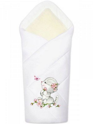 Зимний конверт-одеяло на выписку "Киска с бабочкой" (белое, принт без кружева)