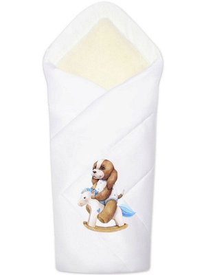 Зимний конверт-одеяло на выписку "Собачка на качалке" (белое, принт без кружева)