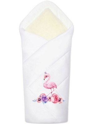 Зимний конверт-одеяло на выписку "Принцесса фламинго" (белое, принт без кружева)