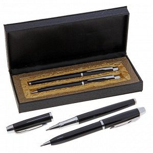 Ручки подарочные, 2 шт.: капиллярная, шариковая поворотная "Вектор" в кожзам футляре, чёрные с серебристыми вставками