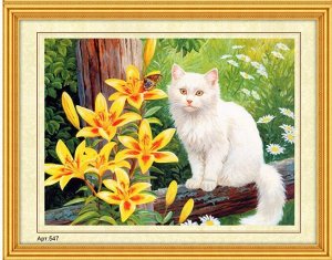 Набор для вышивания бисером 27x35см (частичное заполнение, канва с рисунком) Котик с жёлтыми лилиями Арт.547
